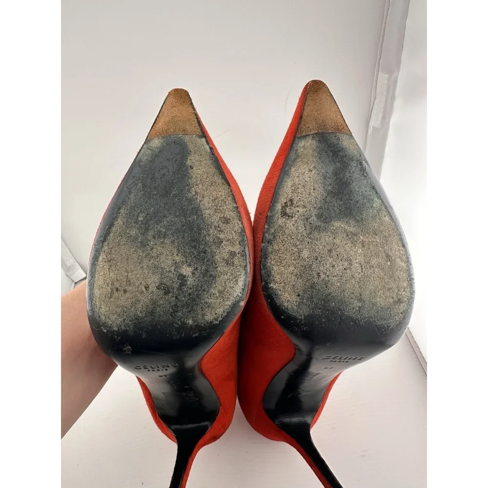 Celine Orange-Red‎ Suede Pointed Toe Stiletto Heel 39 US 8.5 Boss Power Preppy - Picture 6 of 11